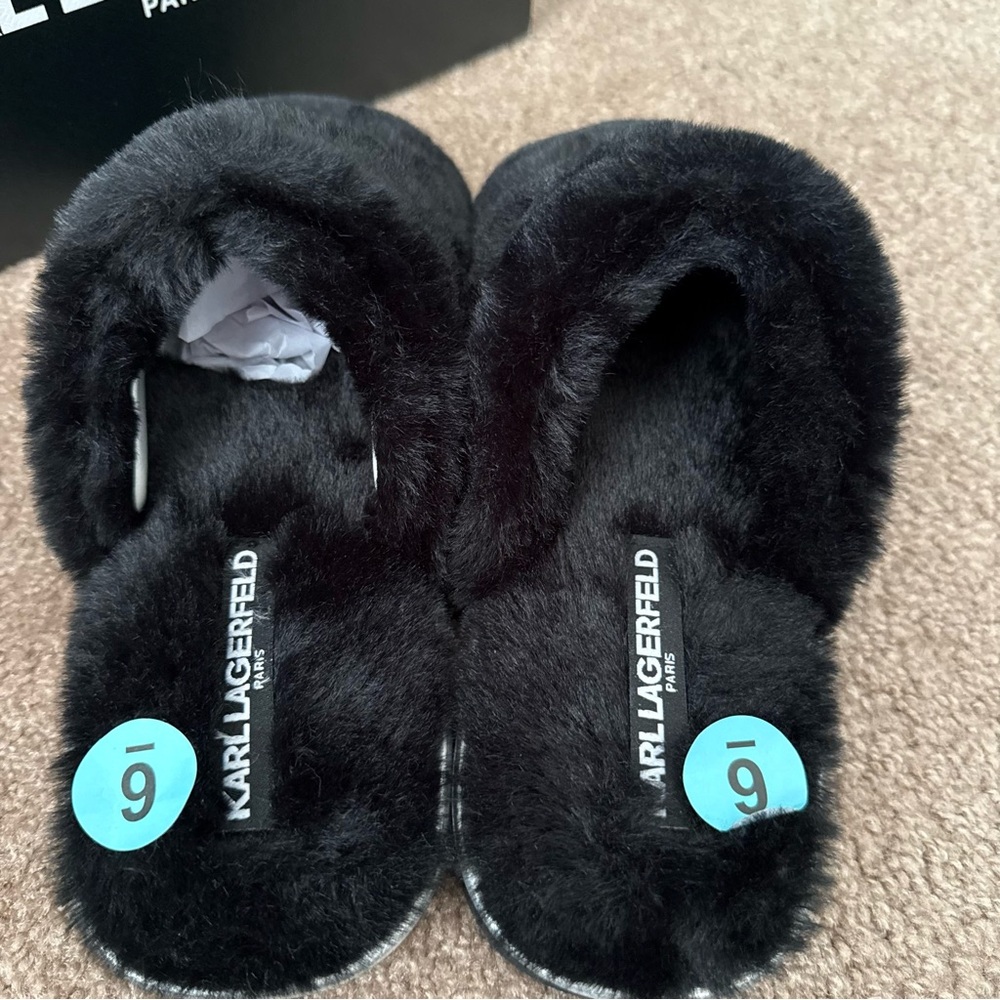 NEW Karl Lagerfeld Black Plush Slippers Faux Fur - Picture 4 of 8